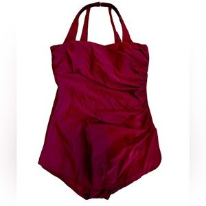 Red Vintage Style Lands’ End 16 LONG TORSO Halter Neck Tunic Front 1-Piece